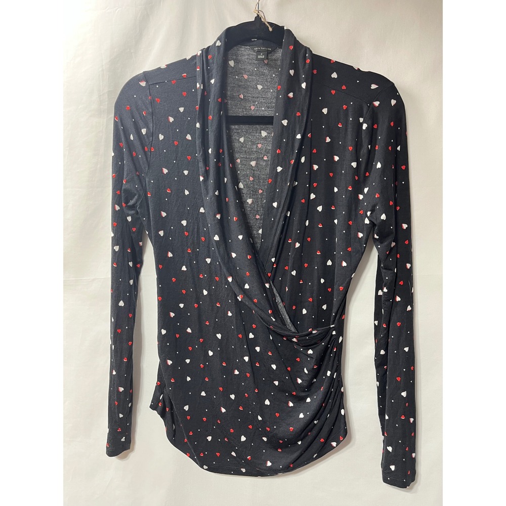 Ann Taylor Womens Black Heart Print Wrap Top Long Sleeve Surplice Blouse Medium